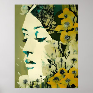 Vrouwen Gezicht en Bloemen Collage Poster