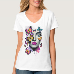Vrouwen gezicht en vlinders, fantasie t-shirt