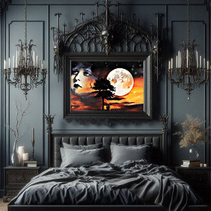 Vrouwen gezicht maanboom silhouet abstracte kunst canvas afdruk