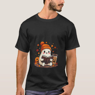 Vrouwen Ghost Reading Boek met Fall Leaves Hallowe T-shirt
