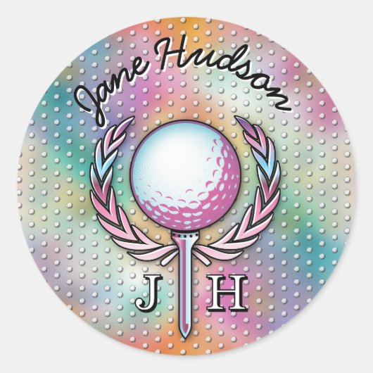 Vrouwen Golfer Custom Monogram Ontwerp Ronde Sticker (Voorkant)
