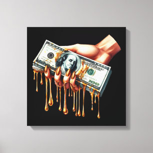 Vrouwen Hand 100 dollar Bill Liquid Gold Dripping Canvas Afdruk