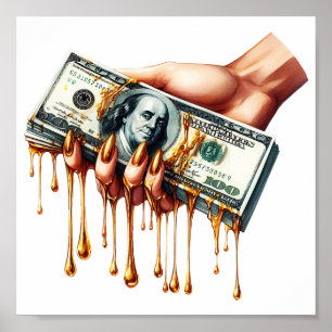 Vrouwen Hand 100 dollar Bill Liquid Gold Dripping Poster