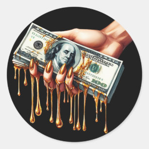 Vrouwen Hand 100 dollar Bill Liquid Gold Dripping Ronde Sticker