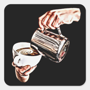 Vrouwen Hand Gieten Koffie Digitale Kunst Schilder Vierkante Sticker
