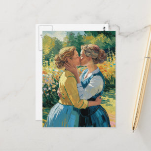 Vrouwen in de liefde kussen in de tuin briefkaart