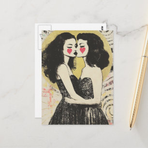 Vrouwen in de liefde zoenen in bijpassende zwarte  briefkaart