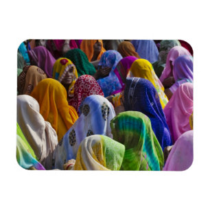 Vrouwen in kleurrijke saris komen bij elkaar magneet