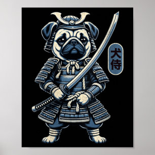 Vrouwen Japans Samurai Dog Tattoo, Pug Dog Kawaii Poster