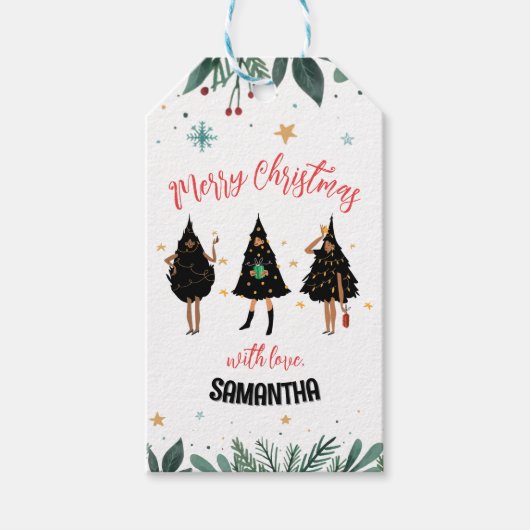 Vrouwen met een zwarte kerstboom cadeaulabel (Voorkant)