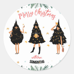 Vrouwen met een zwarte kerstboom ronde sticker