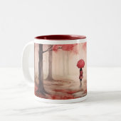 Vrouwen met paraplu op Mapple Forest Graphic Tweekleurige Koffiemok (Voorkant links)