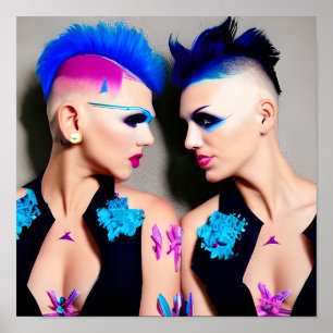 Vrouwen met zwarte, roze en blauwe mohawks poster