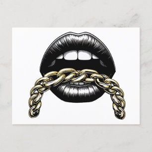 Vrouwen Mond Lippen Met Gouden Ketting Art Illustr Briefkaart