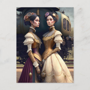 Vrouwen op het Victoriaans Steampunk treinstation Briefkaart