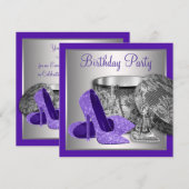 Vrouwen Paarse Zilveren Hoge Heel Verjaardagsfeest Kaart (Voorkant / Achterkant)