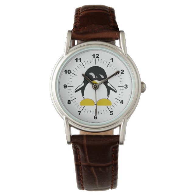 Vrouwen Penguin Bruin Lederen Strap Horloge (Voorkant)