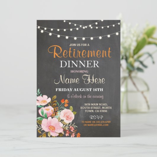 Vrouwen Pensioen Diner Party Floral Pink Invite Kaart (Staand voorkant)