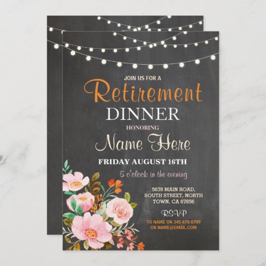 Vrouwen Pensioen Diner Party Floral Pink Invite Kaart (Voorkant / Achterkant)