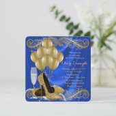 Vrouwen Royal Blue en Gold verjaardagsfeest Glam Kaart (Staand voorkant)