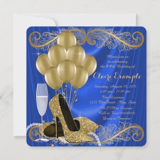 Vrouwen Royal Blue en Gold verjaardagsfeest Glam Kaart (Voorkant)