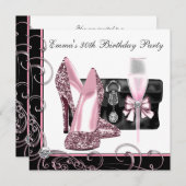 Vrouwen roze en zwarte verjaardagsfeestje kaart (Voorkant / Achterkant)