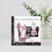 Vrouwen roze en zwarte verjaardagsfeestje kaart (Staand voorkant)