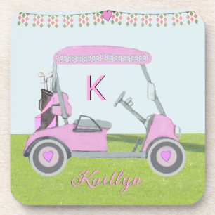 Vrouwen Stijlvolle Roze Golf Cart Monogram Naam Bier Onderzetter