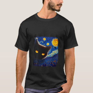 Vrouwen Van Gogh Sterrennacht Kat Halloween Zwart T-shirt