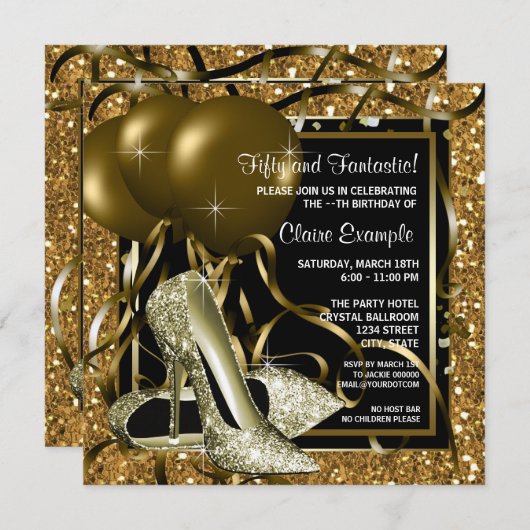 Vrouwen zwart en goud verjaardagsfeestje kaart (Voorkant / Achterkant)