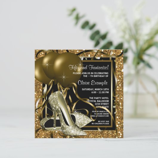 Vrouwen zwart en goud verjaardagsfeestje kaart (Staand voorkant)