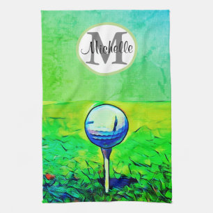 Vrouwenkleurige monogram naam Golf Sports Green Theedoek