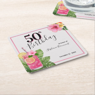 Vrouw's Tropische Cocktail Bloem 50e Verjaardag Vierkante Kartonnen Onderzetter