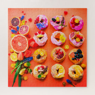 Vruchten- en doughnoten-bagels, kleurrijk legpuzzel