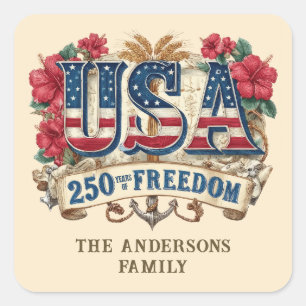 VS 250 Jaar Vrijheid Gepersonaliseerde Familienaam Vierkante Sticker