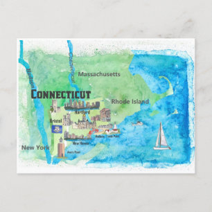 VS Connecticut Reisplattegrond Met Hoogtepunten  Briefkaart