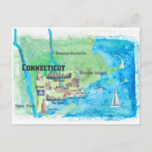 VS Connecticut Reisplattegrond Met Hoogtepunten Briefkaart (Voorkant)