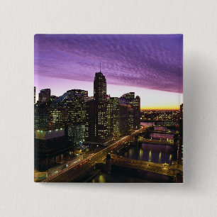 VS, IL, Chicago. Chicago skyline en rivier Vierkante Button 5,1 Cm