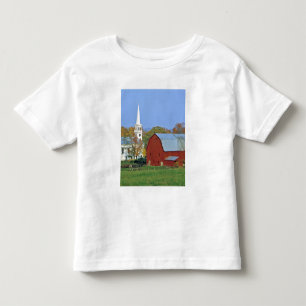 VS, Vermont, Peacham. Een rode schuur en witte Kinder Shirts