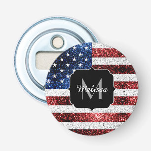 VS-vlag rood wit blauw glitters glanst Monogram Button Flesopener