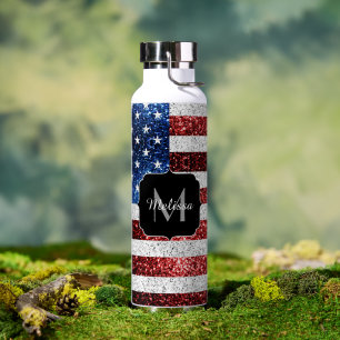 VS-vlag rood wit blauw glitters glinstert Monogram Waterfles