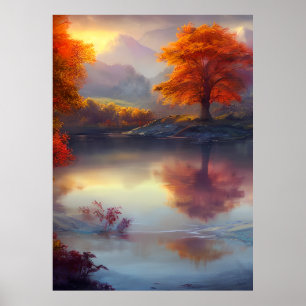 Vue classique d'automne d'un lac arboré 2 Poster