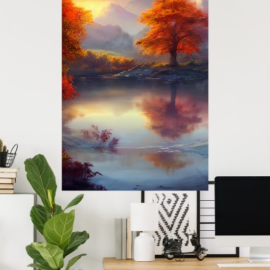 Vue classique d'automne d'un lac arboré 2 Poster (Bureau à domicile)