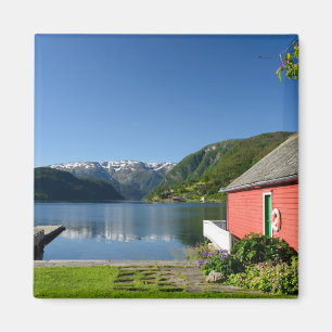Vue du fjord norvégien et aimant du pavillon