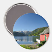 Vue du fjord norvégien et aimant rond de boathouse (Recto/Verso)