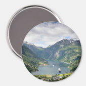 Vue Geirangerfjord en Norvège aimant rond (Recto/Verso)