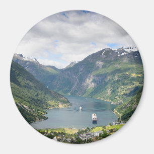 Vue Geirangerfjord en Norvège aimant rond