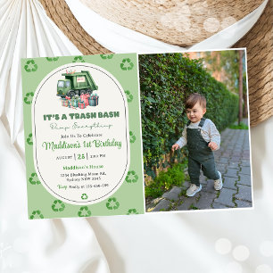 Vuilniswagen 1e verjaardag partij foto kaart