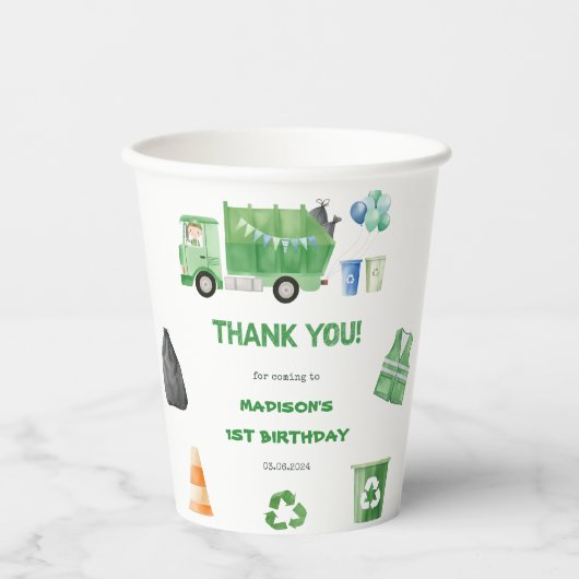 Vuilniswagen 1e verjaardag partij papier kopjes papieren bekers (Voorkant)