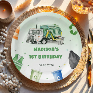 Vuilniswagen 1e verjaardagsfeest papieren bordje